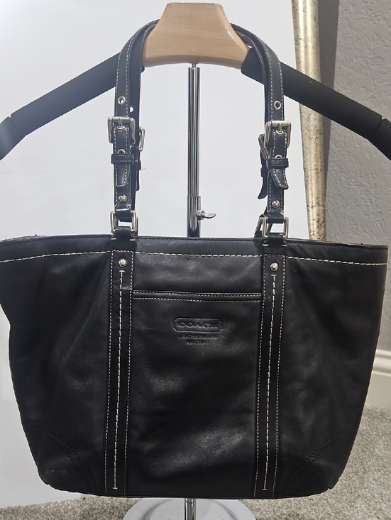 Coach Handbags - Coach Hampton Black Leather Tote with Contrast Stitching and Buckle Straps